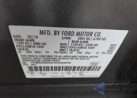 2018 Ford Explorer Xlt из США, поврежденный, VIN 1FM5K8D8XJGA94438